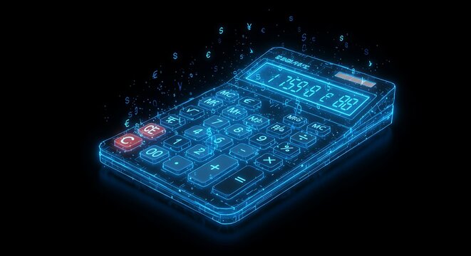 Digital glowing calculator on black background futuristic