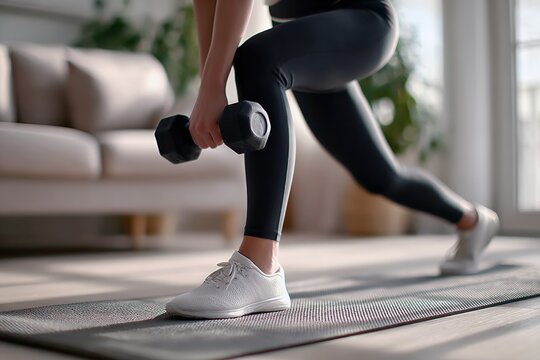Sporty woman performing lunges with dumbbells, training legs and glutes on a mat in her living room - Powered by Adobe