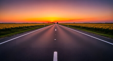 Fototapeta premium Empty road leads through sunflower fields towards a vibrant sunset horizon