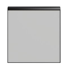 retractable projection screen with a black casing, slightly rolled, and a thin cord extending from the right side.  The screen's surface is a light grey, appearing blank and ready for projection