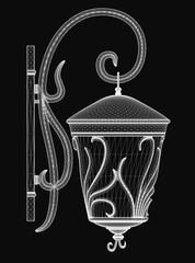 A sleek 3D model of a street lamp with clean contours stands against a black background, rendered for a photorealistic effect. The dark backdrop enhances the lamp's modern silhouette, making it ideal.
