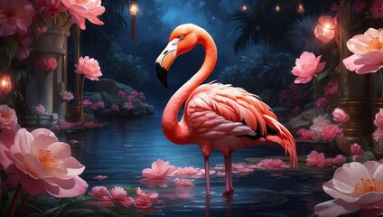 Flamingo Glides Through Midnight Blooming Garden