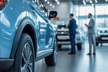 Car dealer discussing contract with client customer in a showroom. Salesman showing selling cars to a couple at the dealership. Sales manager helping to choose a new car. Congratulations for buying