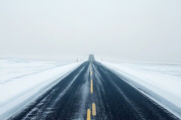 Fototapeta premium A lonely asphalt road disappears into a vast white foggy winter landscape