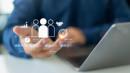 Businessman presenting digital interface of project timeline and human collaboration icons, representing planning, teamwork, project development, and research process.