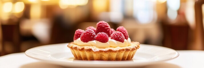 Appetizing raspberry tart and mint. Raspberry danish cake on plate on table and coffee. Tartlets raspberry fruit with vanilla custard, whipped cream served in a cafe. Blurred bokeh interior background