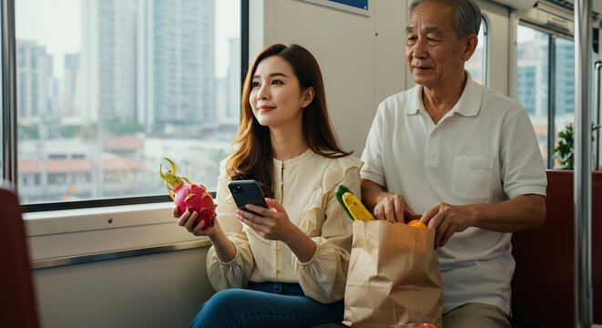 Young woman and senior man riding public transport, using phone, holding groceries and dragon fruit