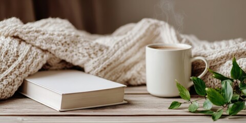 The cozy scene with a book, steaming cup, and soft blanket.
