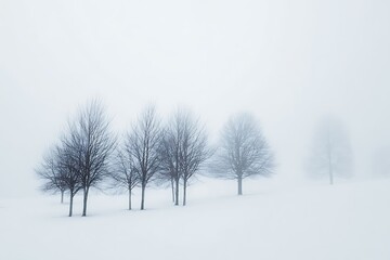Obraz premium Bare trees stand in a serene winter landscape shrouded in soft fog