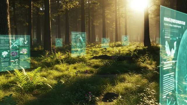 Futuristic forest with holographic displays of nature