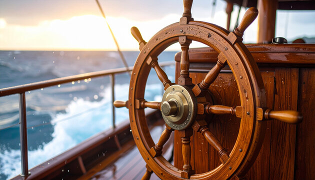 Nautical Navigation: A detailed view of an antique ship's wheel, rendered in rich, warm tones of wood and metal, evokes a sense of maritime adventure and seafaring heritage.