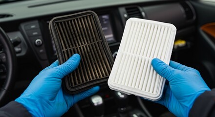 Mechanic's Hands in Blue Gloves Holding a Clean and a Dirty Car Air Filter for Comparison Inside a Vehicle