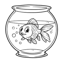 A cartoon goldfish with expressive eyes swims inside a simple round fishbowl, surrounded by rising bubbles.