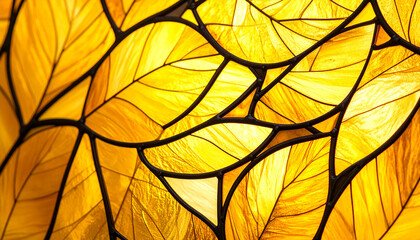 Fototapeta premium Golden Foliage: A mosaic of sunlit autumn leaves, with their intricate veins and vibrant hues, arranged in a stained-glass-like pattern.