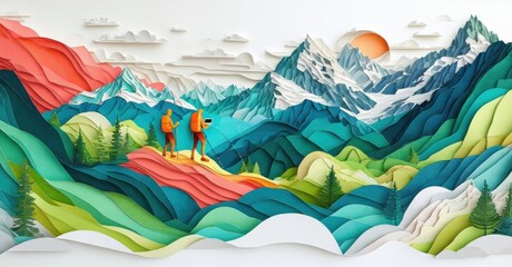 Papercraft landscape depicts hikers enjoying mountainous scenery. Vibrant colors, layered design creates depth, sun sets behind peaks.