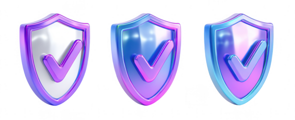 3D icon, three views of a shield with a checkmark in a purple and blue gradient color on a white background, png, transparent