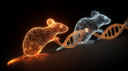 Fototapeta premium Two glowing mouse silhouettes connected by a DNA helix to their offspring, illustrating reproductive science.