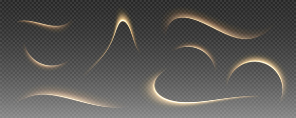 Fire trail wave, bright glow speed curve line. Glowing gold and white light stream, vector, png. Light curve line swirl effect. © Iryna