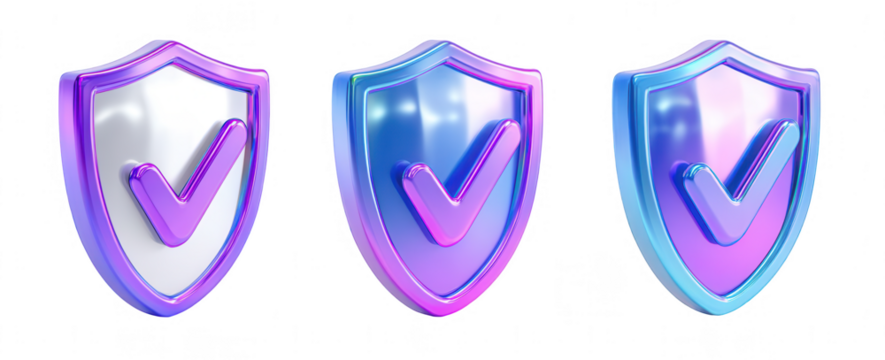 3D icon, three views of a shield with a checkmark in a purple and blue gradient color on a white background, png, transparent