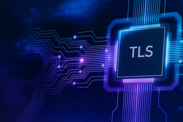 Microchip with TLS inscription surrounded by intricate circuit patterns symbolizing embedded encryption, secure hardware, and digital data protection technology
