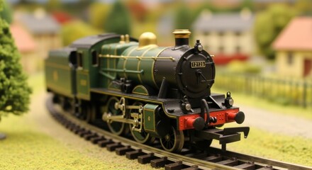 Obraz premium Vintage model train on tracks in scenic outdoor setting with trees and houses