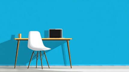 Minimalist modern workspace with simple desk, white chair, laptop, and bright blue wall creating clean stylish office vibe