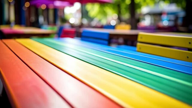 Outdoor restaurant patio with rainbow colored picnic table and colorful umbrellas on a sunny day, bright and cheerful atmosphere.