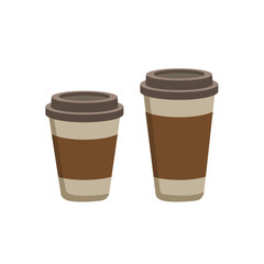 Takeaway paper coffee cup with lid and carton sleeve. Two take-away takeout tea cup closed with plastic caps. Coffee, latte, hot drink to go. Vector illustration isolated on white background