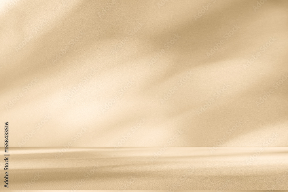 Poster Wall interior background, studio and backdrops show products. with leaf shadow from window color beige and white. background for text insertion and presentation of product	