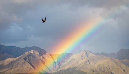 Dramatic rainbow over mountains with bird flying after summer storm  