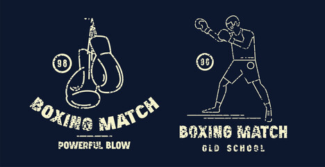 Boxing match emblem for t-shirt. Graphic design with rough texture. Light print on black background