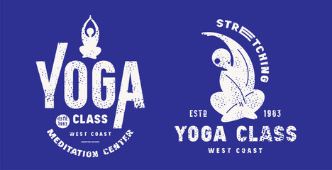 Body positive yoga class emblem. Graphic design with typographic and silhouettes of girl in asana. Color print with rough texture on white background