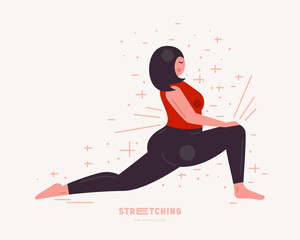 Illustration of body positive woman doing stretching. Stylized flat graphic style for your design. Color print on white background