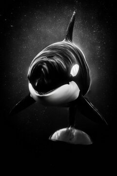 Orca en blanco y negro: retrato frontal bajo el oc&eacute;ano, Orcinus orca iluminada por rayos submarinos, composici&oacute;n vertical, Silencio del mar: orca solitaria en retrato documental