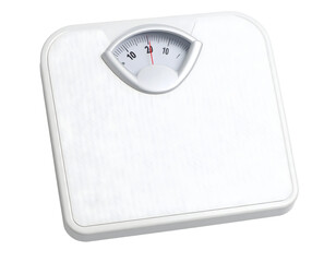 A pristine white personal weighing scale with a clear analog display shows a precise measurement.