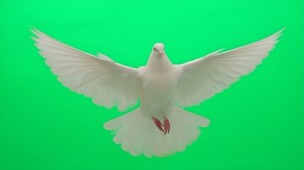 Paloma blanca en vuelo con alas extendidas sobre fondo verde chroma key, espíritu santo, Ave símbolo de paz flotando frontalmente, paloma blanca aislada en fondo verde