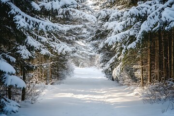 Sunlight filters through snow covered pine trees onto a winter forest path