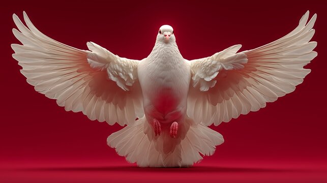 Paloma blanca volando con las alas extendidas sobre fondo rojo, S&iacute;mbolo de la paz y el esp&iacute;ritu santo en vuelo frontal, Concepto de esperanza y pureza con ave en movimiento