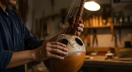 Skilled artisan's hands meticulously crafting a traditional stringed musical instrument in a workshop.