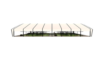 Side view of Green padel court with shaded sports building structure on a transparent background