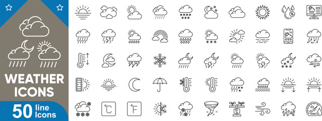 Weather line icons set. Editable vector symbols of sunny, cloudy, rainy, thunderstorm, snowy, windy, foggy, hail, drizzle, lightning, snowflake, thermometer and more.