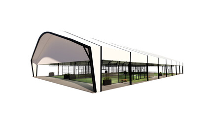 Corner view of Green padel court with shaded sports building structure on a transparent background
