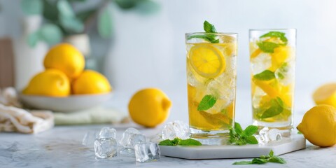 The refreshing lemonade drinks garnished with mint and ice cubes.