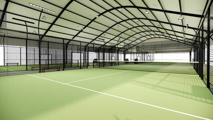 Shaded sports building with metal structure with green padel court  on a transparent background
