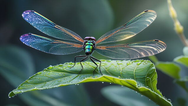 blue dragonfly on a green leaf - Powered by Adobe