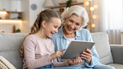 Grandma and granddaughter watch something together on the tablet. Grandma and granddaughter spend time together and laugh. Family time. 