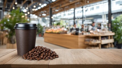 Close-up view of freshly roasted coffee beans beside a brown paper cup on a wooden table in a cozy cafe interior with blurred background