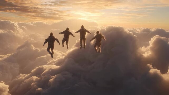 Skydivers silhouetted against a golden sunset sky, freefalling together. Extreme sport and adventure concept. Skydiving dynamic action footage.