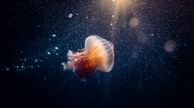 Medusa azul y naranja en el oc&eacute;ano profundo, macro submarina de tent&aacute;culos en movimiento, Primer plano de medusa con tent&aacute;culos filamentosos, vida marina en aguas oscuras