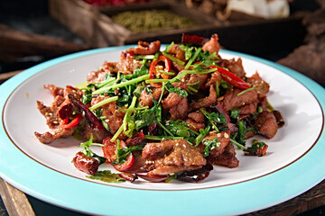 Chinese Hunan cuisine stir-fried beef with chili and coriander